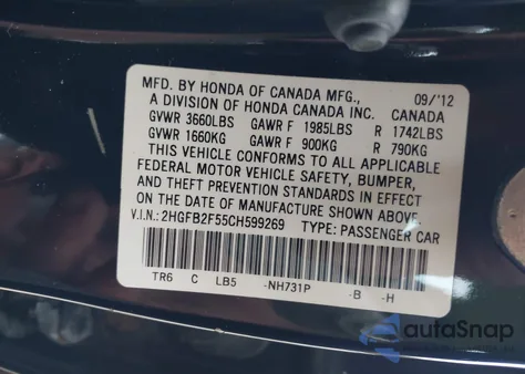 2012 Honda Civic Lx from USA, damaged, VIN 2HGFB2F55CH599269